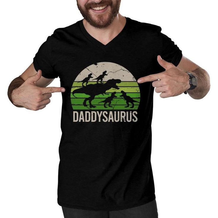 Daddy Dinosaur Funny Dad Daddysaurus Four Kids Gift Men V-Neck Tshirt