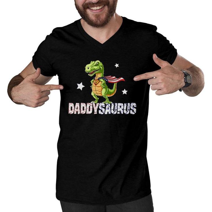 Daddysaurus Hero Dinosaur Dad American Flag Fathers Day Gift Men V-Neck Tshirt