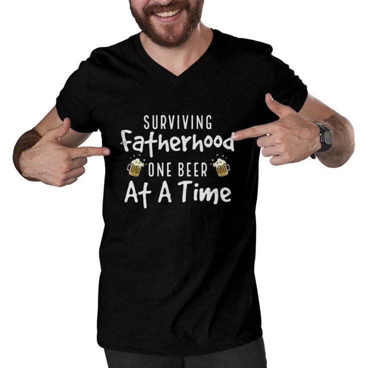 Drinking Dad Funny Surviving Fatherhood One Beer At A Time Father's Day Gift Beer Mugs Men V-Neck Tshirt