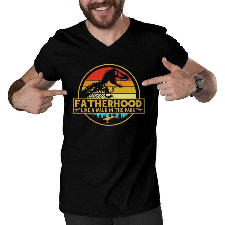 Fatherhood Like A Walk In The Park Dinosaurs Retro Vintage Men V-Neck Tshirt