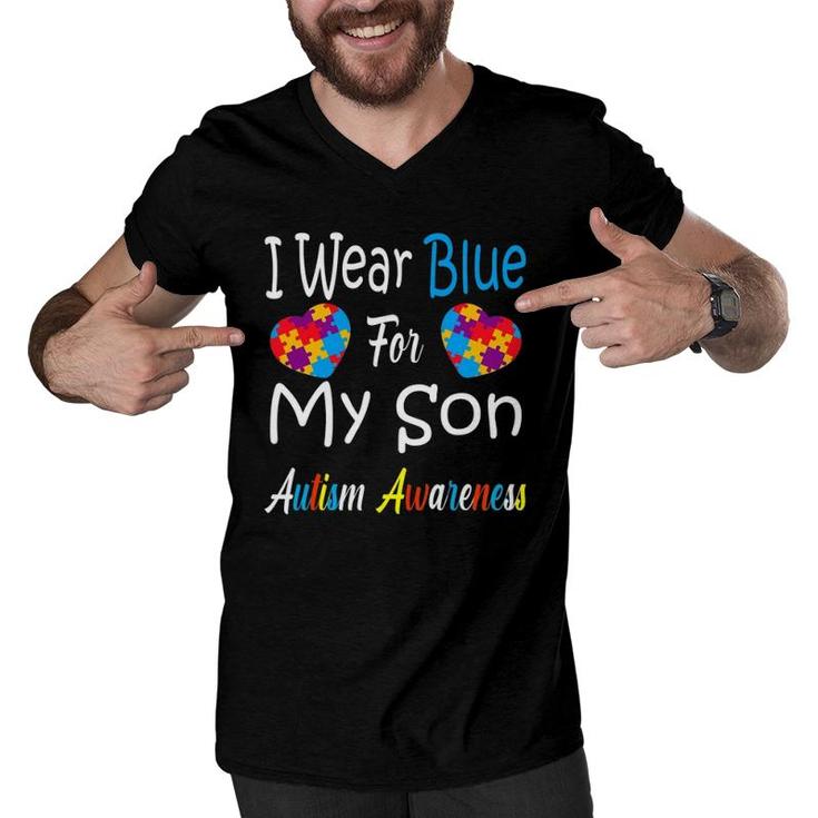 Father's Day Gift I Wear Blue For My Son Autism Awareness Men V-Neck Tshirt