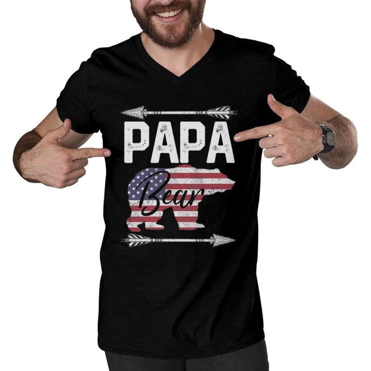 Father's Day Gift Papa Bear Dad Grandpa Usa Flag July 4Th Men V-Neck Tshirt