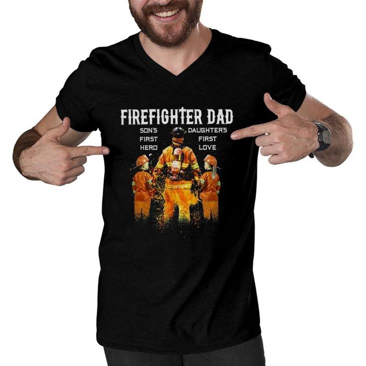 Firefighter Dad Son's First Hero Daughter's First Love Men V-Neck Tshirt