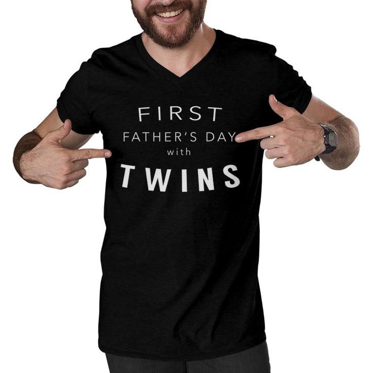 First Father's Day With Twins - Gift For Dad Of Twins Men V-Neck Tshirt
