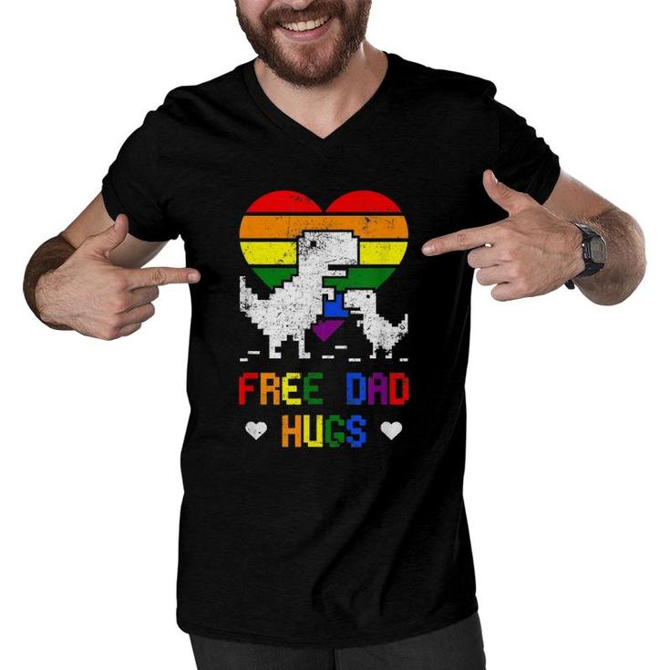 Free Dad Hugs Dinosaur Trex Dino Lgbtq Pride Rex Rainbow Men V-Neck Tshirt