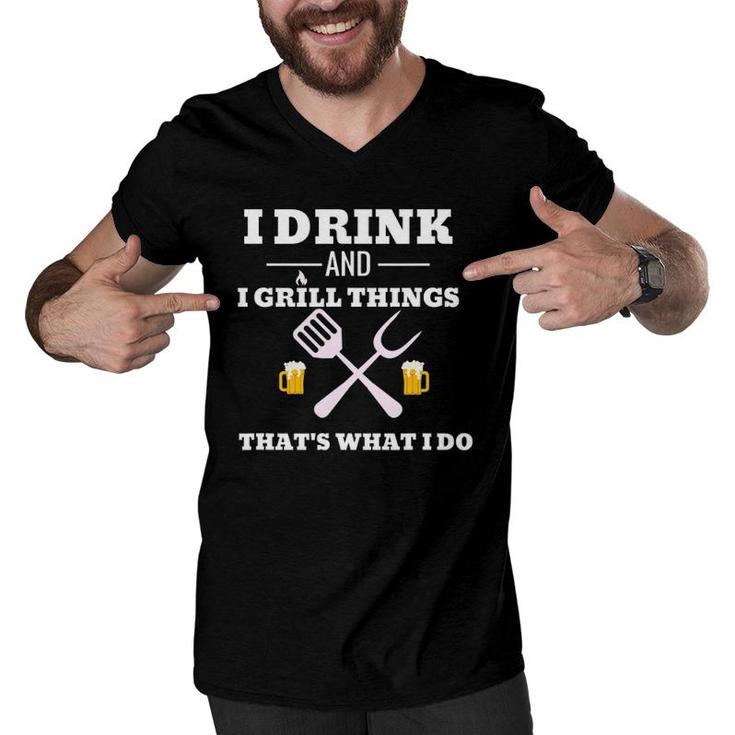 Funny Drink Beer Grill  Dad Father's Day Gift Tee Men V-Neck Tshirt