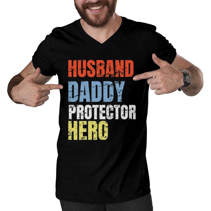 Funny Husband Daddy Protector Hero Father Men V-Neck Tshirt
