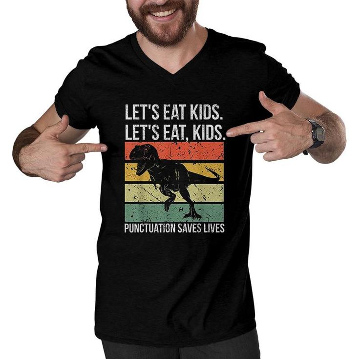 Funny Lets Eat Kids Punctuation Saves Lives Grammar Retro Men V-Neck Tshirt