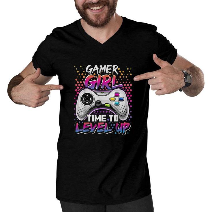 Gamer Girl Time To Level Up Video Game Birthday Gift Girls Level Up Birthday Men V-Neck Tshirt