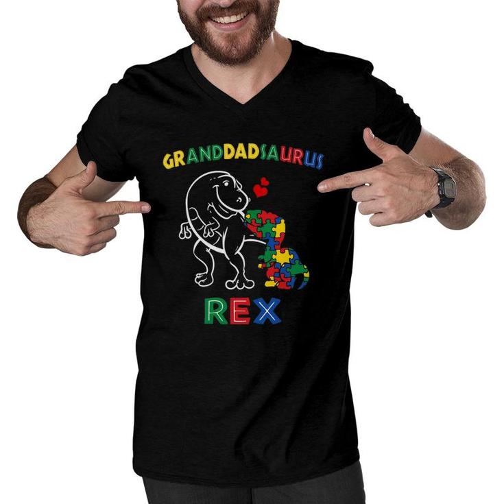 Granddadsaurus Autism Awareness Granddad Dinosaur Grandpa Men V-Neck Tshirt