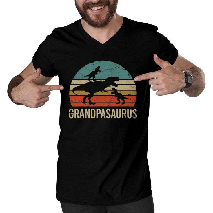 Grandpa Dinosaur Gift Funny Grandpasaurus 2 Two Grandkids Men V-Neck Tshirt
