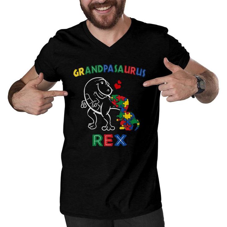 Grandpasaurus Autism Awareness Grandpa Dinosaur Grandfather Men V-Neck Tshirt