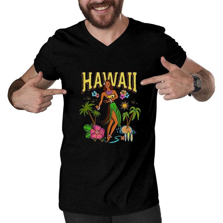 Hawaii Aloha Beach Tiki Retro Vintage Pinup Hula Girl  Men V-Neck Tshirt