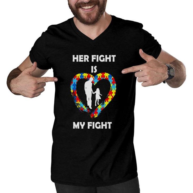 Her Fight Is My Fight Autism Awareness Dad Daughter Men V-Neck Tshirt
