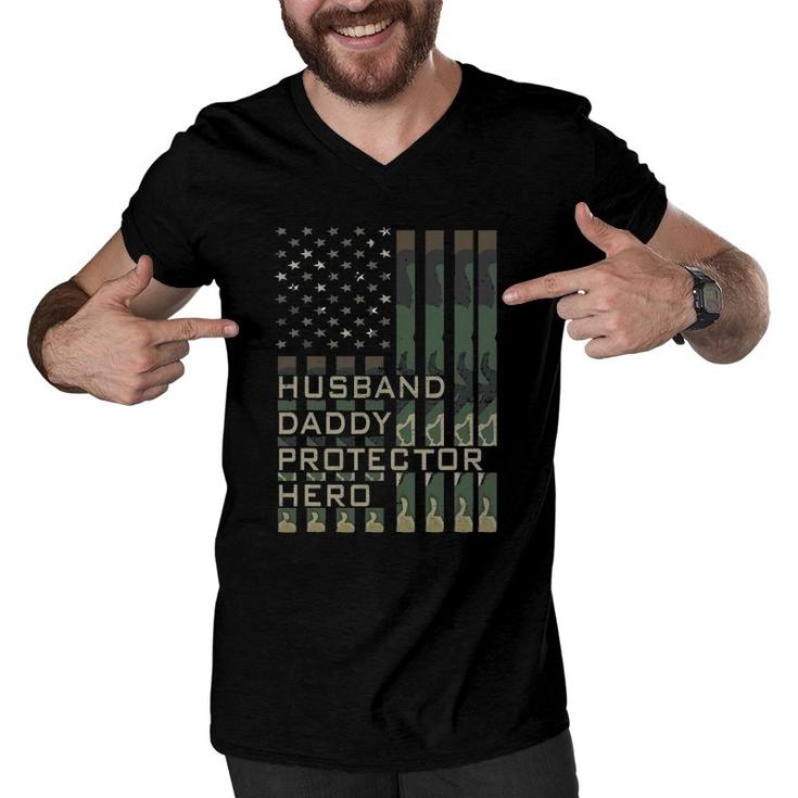 Husband Daddy Protector Hero Father's Day American Flag Men V-Neck Tshirt