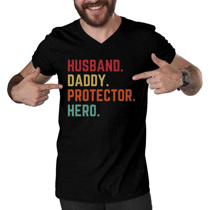 Husband Daddy Protector Hero Father's Day Gift For Dad Men V-Neck Tshirt