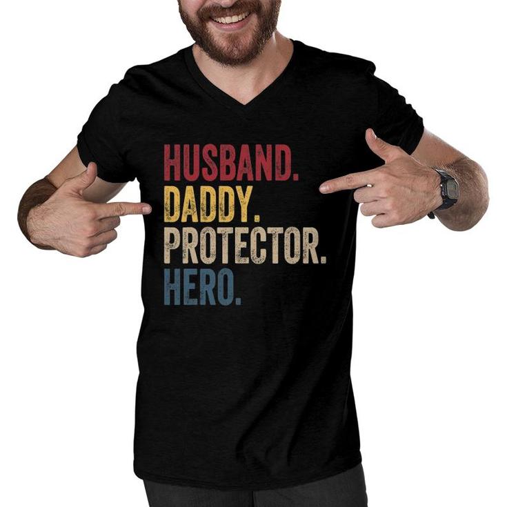 Husband Daddy Protector Hero Fathers Day Vintage Men V-Neck Tshirt