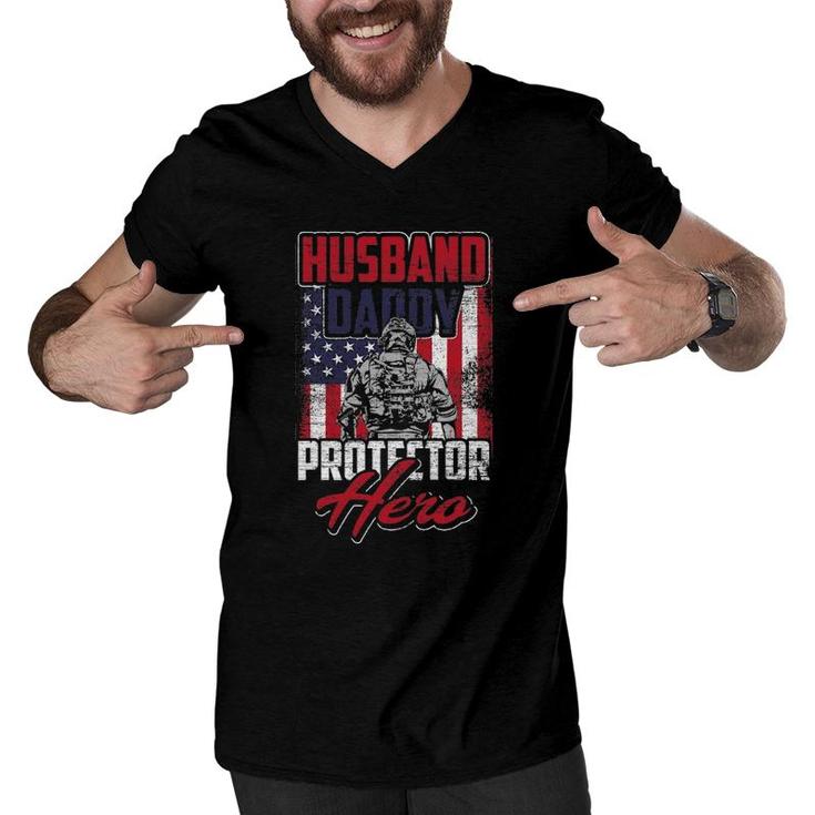 Husband Daddy Protector Hero Veterans Day Men V-Neck Tshirt