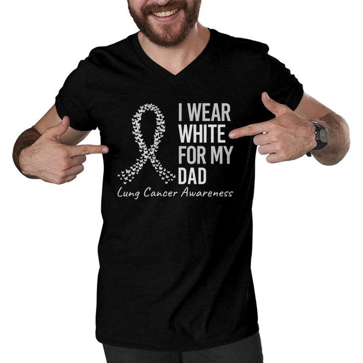 I Wear White For My Dad Lung Cancer Awareness White Ribbon Men V-Neck Tshirt