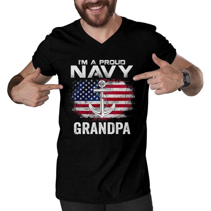 I'm A Proud Navy Grandpa With American Flag Gift Veteran Men V-Neck Tshirt