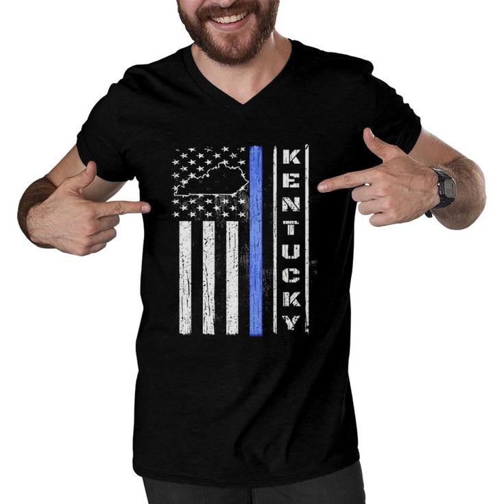Kentucky Thin Blue Line Police Flag Cop Gifts Men Dad Men V-Neck Tshirt