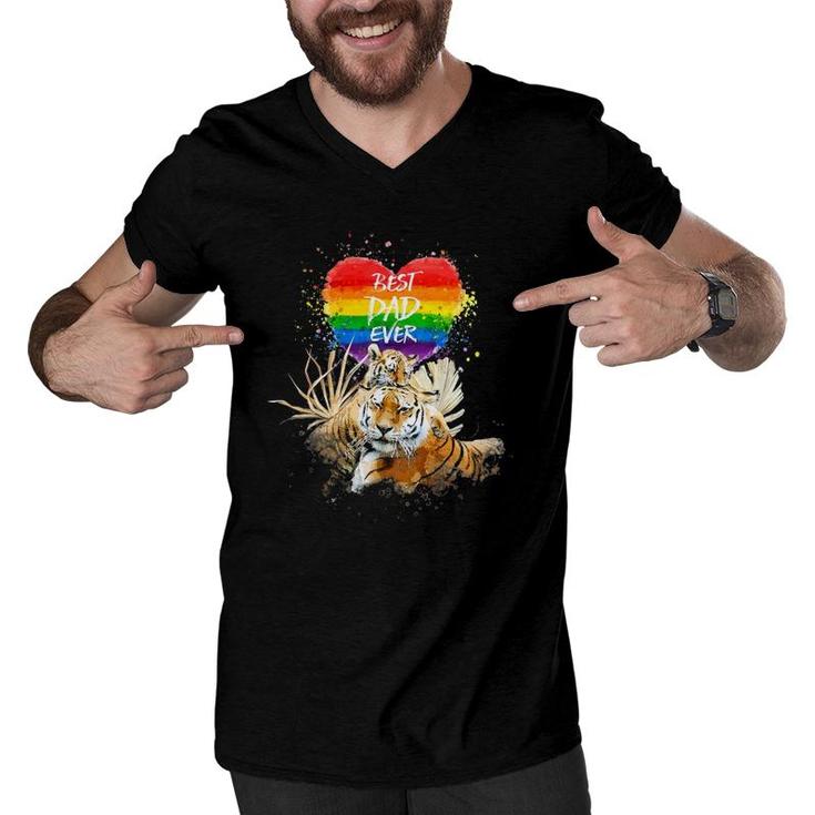 Lgbt Pride Daddy Tiger Rainbow Best Dad Ever Father's Day Men V-Neck Tshirt