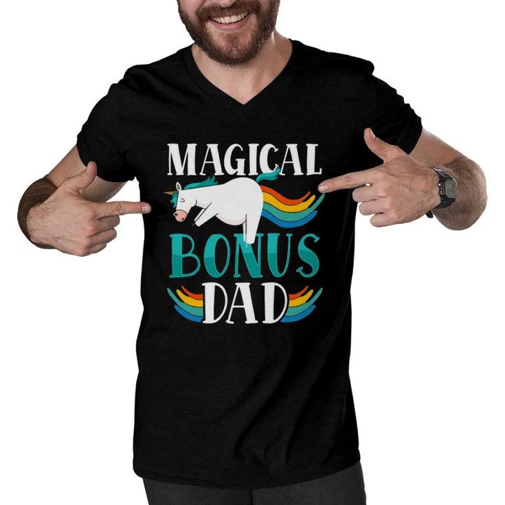 Magical Bonus Dad Proud Stepfather Cute Unicorn Step Dad Men V-Neck Tshirt