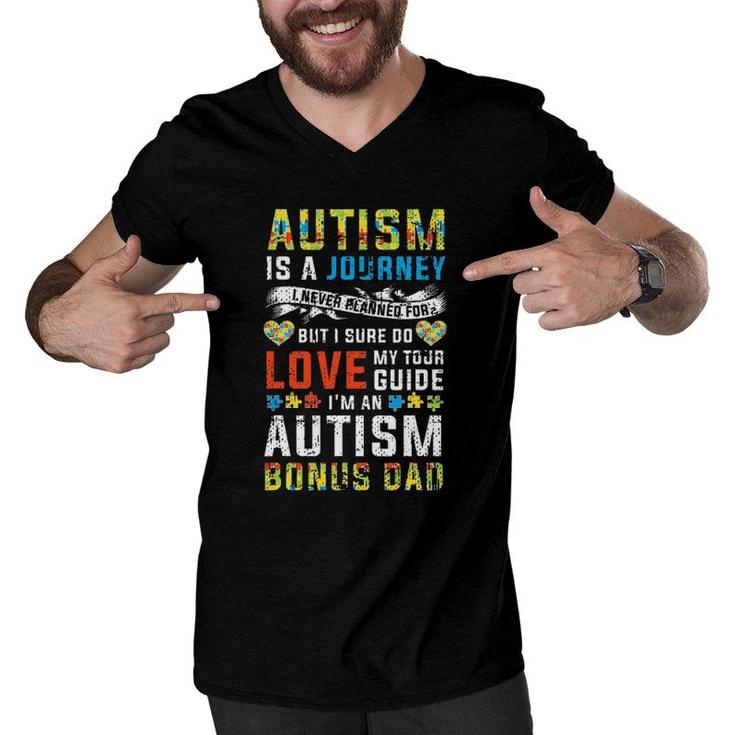 Mens Autism Bonus Dad Journey Quote Autism Awareness Men V-Neck Tshirt