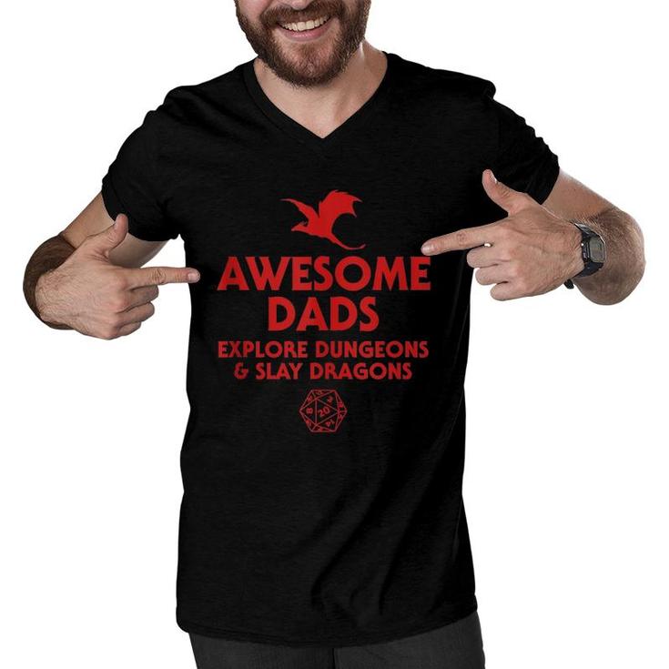 Mens Awesome Dads Explore Dungeons And Slay Dragons, Dad Gift  Men V-Neck Tshirt