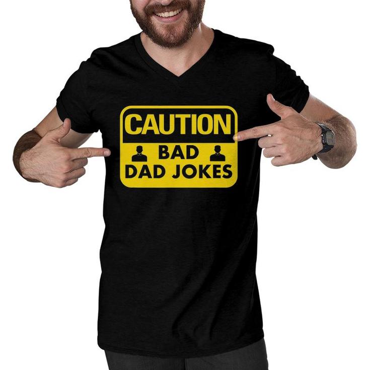 Mens Bad Dad Jokes  Caution Sign Gift For Dads Men V-Neck Tshirt