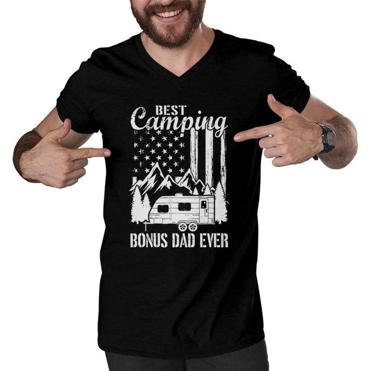 Mens Best Camping Bonus Dad Ever American Flag Daddy Son Daughter Men V-Neck Tshirt