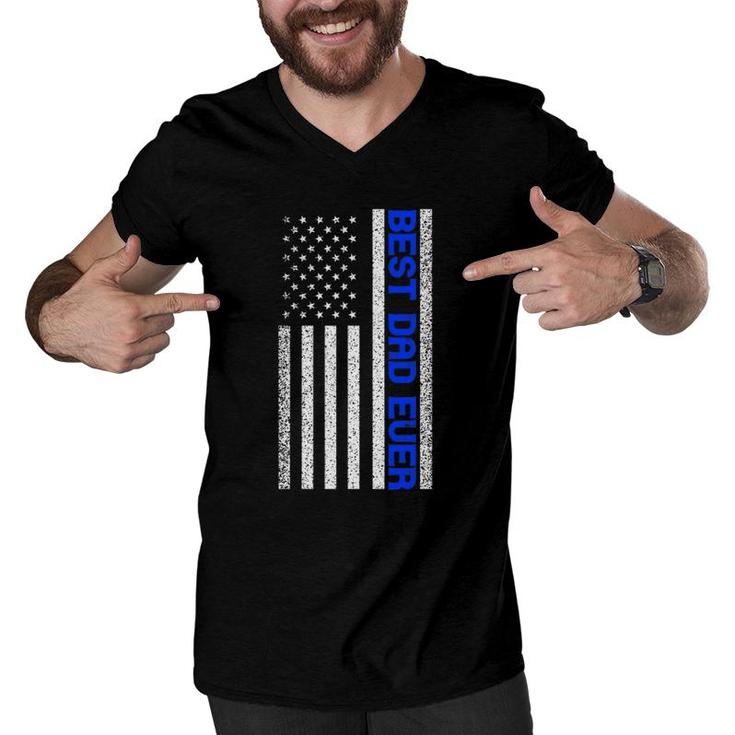 Mens Best Dad Ever Thin Blue Line Dad Father's Day American Flag Men V-Neck Tshirt