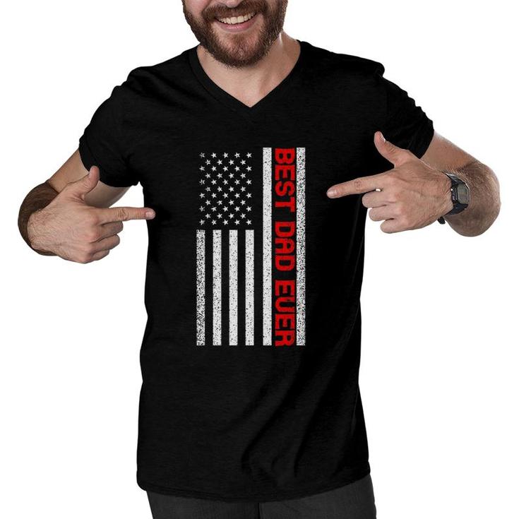 Mens Best Dad Ever Thin Red Line Dad Fathers Day American Flag Men V-Neck Tshirt