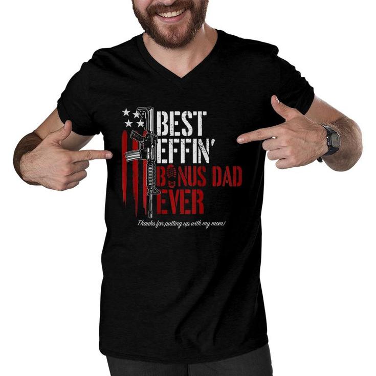 Mens Best Effin’ Bonus Dad Ever Gun Rights American Flag On Back Men V-Neck Tshirt