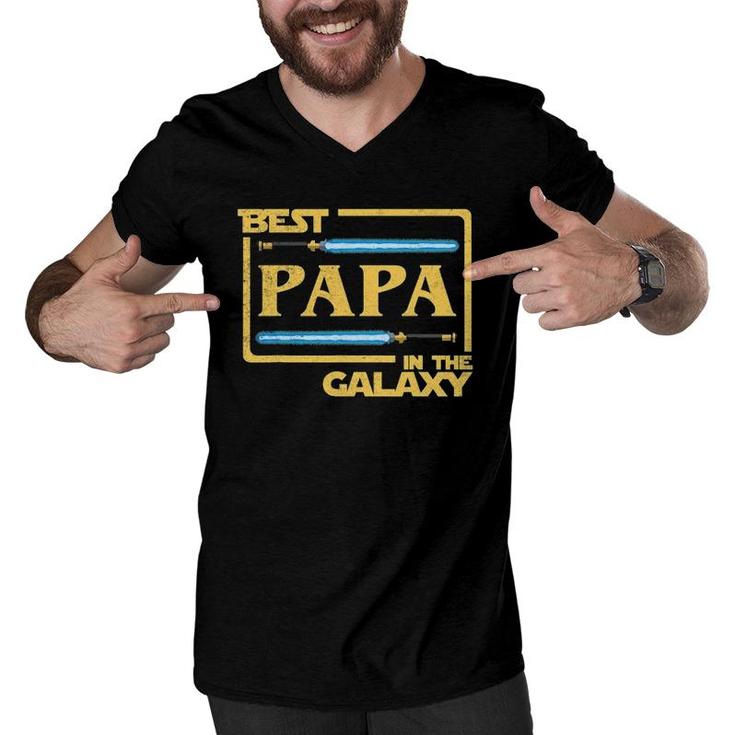 Mens Best Papa In The Galaxy Funny Father's Day Men V-Neck Tshirt