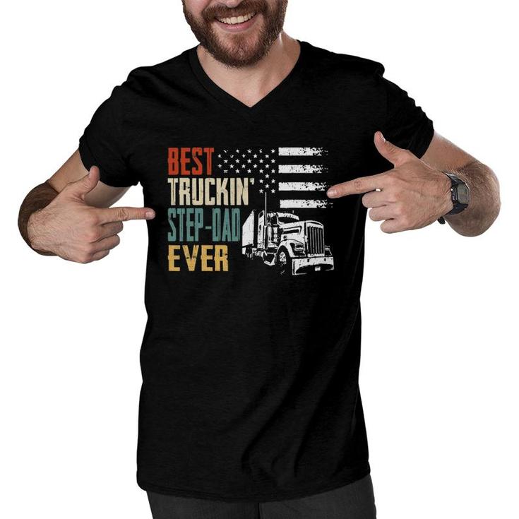 Mens Best Trucking Step-Dad Ever Big Rig Trucker Truckin Men V-Neck Tshirt