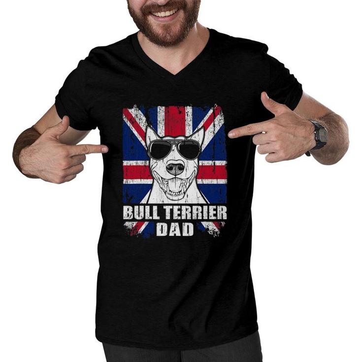 Mens Bull Terrier Dad Cool Uk Flag Vintage Retro Men V-Neck Tshirt