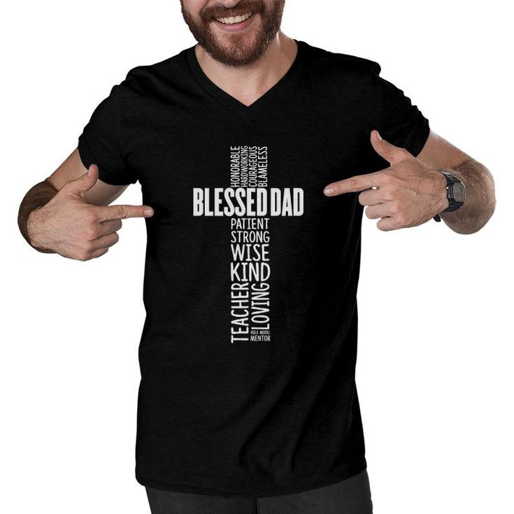 Mens Christian Blessed Dad Cross Father's Day Men V-Neck Tshirt