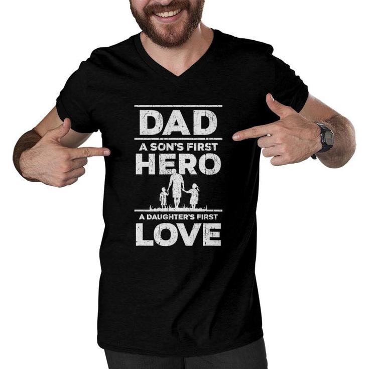 Mens Dad Son's First Hero Daughter's First Love Father's Day Gift Men V-Neck Tshirt