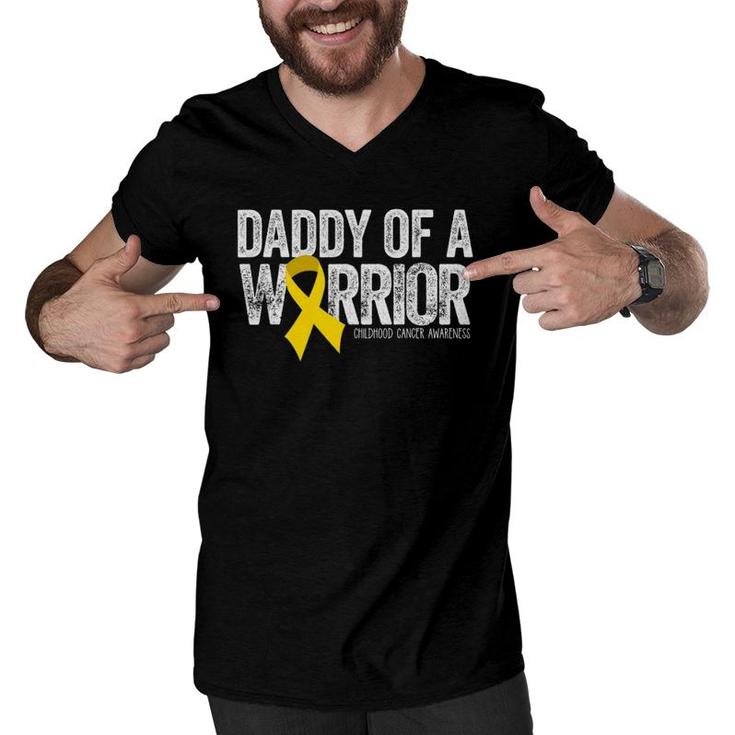Mens Daddy Of A Warrior Childhood Cancer Dad Ribbon Men V-Neck Tshirt