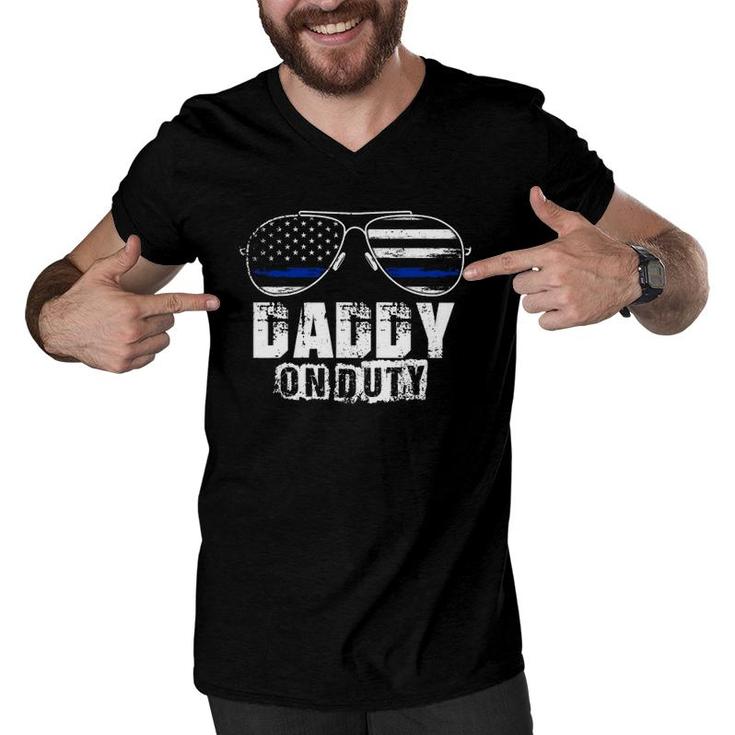Mens Daddy On Duty Funny Baby Dad American Flag Police Officer Men V-Neck Tshirt