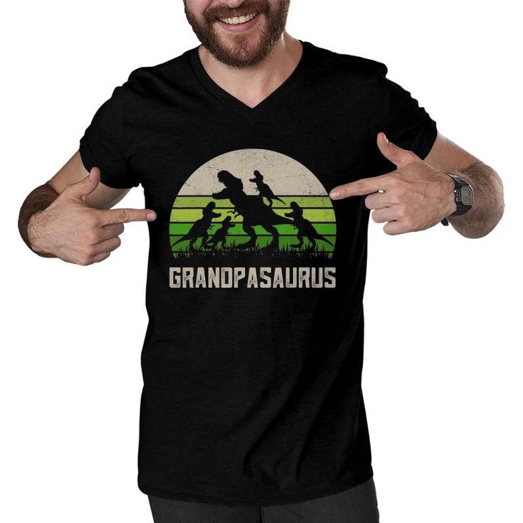 Mens Father's Day Grandpa  Grandpasaurus Dinosaur 4 Kids Trex Men V-Neck Tshirt
