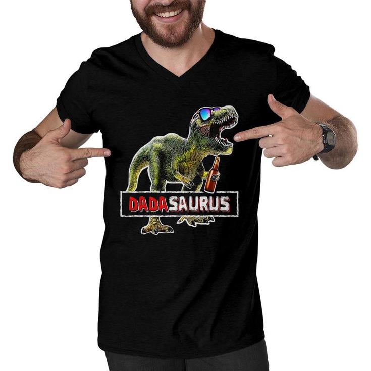 Mens Funny Dadasaurus Rex Beer  Fathers Day Giftsrex Dad Men V-Neck Tshirt