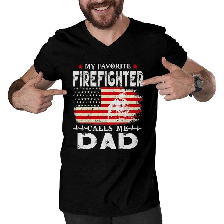 Mens Funny Gift My Favorite Firefighter Calls Me Dad Father's Day Men V-Neck Tshirt