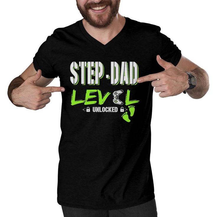 Mens Gaming Step-Dad Level Unlocked Gamer Leveled Up Father's Day Men V-Neck Tshirt