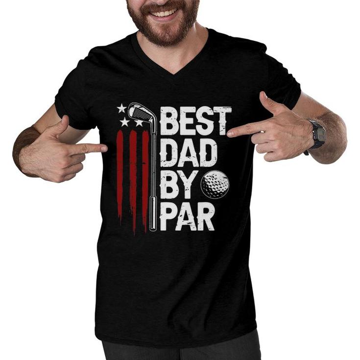 Mens Golf Best Dad By Par Daddy Golfer American Flag Father's Day Men V-Neck Tshirt