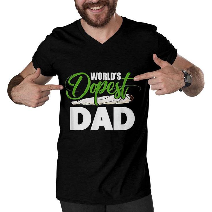 Mens Green White Worlds Dopest Dad Cannabis Marijuana Weed Funny Fathers Day  Men V-Neck Tshirt