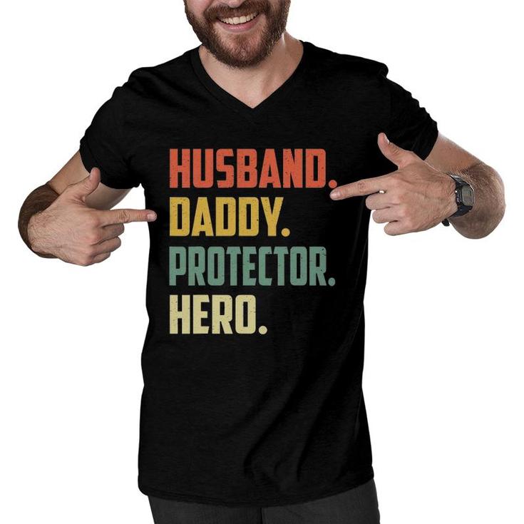 Mens Husband Daddy Protector Hero  Vintage Colors Men V-Neck Tshirt