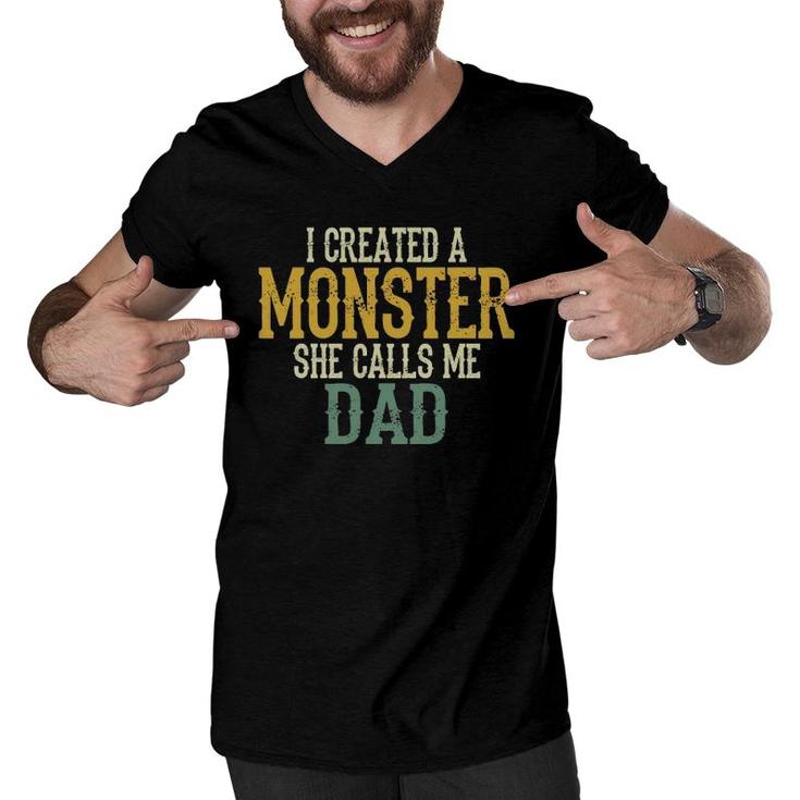 Mens I Created A Monster She Calls Me Dad Vintage Sunset Funny Men V-Neck Tshirt