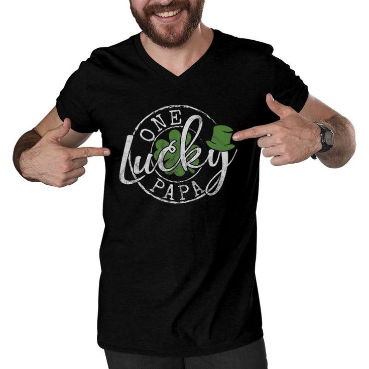 Mens One Lucky Papa Funny Father Irish Clovers St Patrick's Day Men V-Neck Tshirt